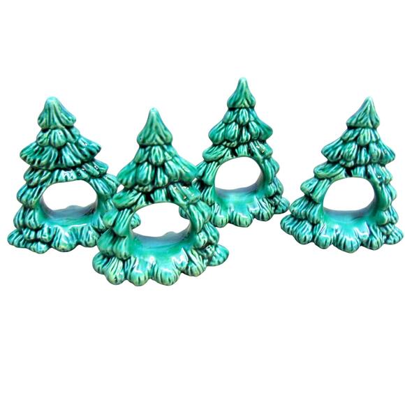 Porcelain Napkin Rings Holders Set 4 Green Christmas Tree Figurines New 3.25" - Picture 3 of 5